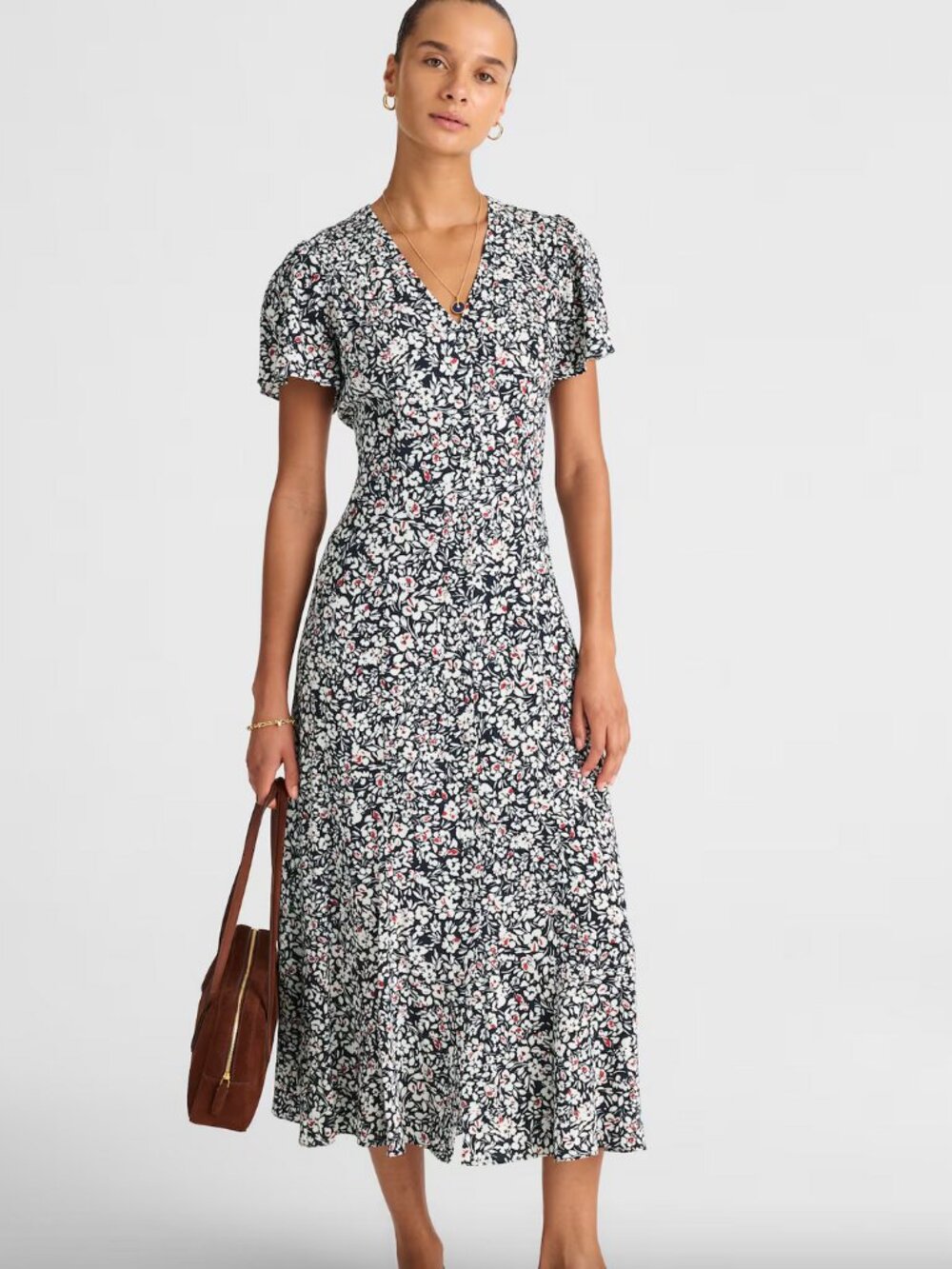 Madewell Button-Front Flutter-Sleeve Midi Dress in Floral NWT